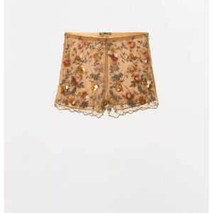 Zara Gold Embroidered Beaded Tulle Shorts — High-Waisted Statement Piece